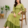 Beige Cotton Tiered Maxi Dress | Machine Embroidered Yoke & Contrast Brown Hem Flared Kurti - Image 13