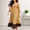 Beige Cotton Tiered Maxi Dress | Machine Embroidered Yoke & Contrast Brown Hem Flared Kurti - Image 14