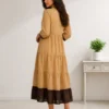 Beige Cotton Tiered Maxi Dress | Machine Embroidered Yoke & Contrast Brown Hem Flared Kurti - Image 15