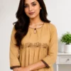 Beige Cotton Tiered Maxi Dress | Machine Embroidered Yoke & Contrast Brown Hem Flared Kurti - Image 16