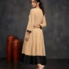 Beige Cotton Tiered Maxi Dress | Machine Embroidered Yoke & Contrast Brown Hem Flared Kurti - Image 2