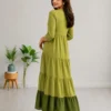 Beige Cotton Tiered Maxi Dress | Machine Embroidered Yoke & Contrast Brown Hem Flared Kurti - Image 5