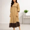 Beige Cotton Tiered Maxi Dress | Machine Embroidered Yoke & Contrast Brown Hem Flared Kurti - Image 6