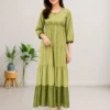 Beige Cotton Tiered Maxi Dress | Machine Embroidered Yoke & Contrast Brown Hem Flared Kurti - Image 7