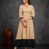 Beige Cotton Tiered Maxi Dress | Machine Embroidered Yoke & Contrast Brown Hem Flared Kurti - Image 8