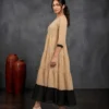 Beige Cotton Tiered Maxi Dress | Machine Embroidered Yoke & Contrast Brown Hem Flared Kurti - Image 9
