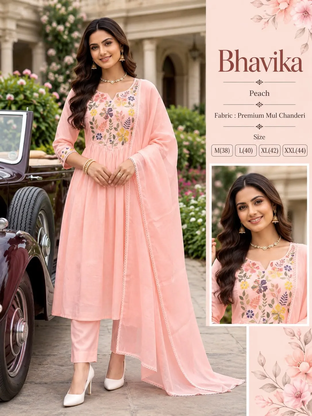 Bhavika Mul Chanderi Anarkali Suit Set (3-Piece) | Hand-Embroidered Kurta, Pant & Lace Dupatta Set