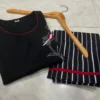 Black Cotton Slub Embroidered Kurti with Striped Pant Set – Women's 2-Piece Kurta Trouser Suit - Image 2