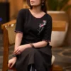 Black Cotton Slub Embroidered Kurti with Striped Pant Set – Women's 2-Piece Kurta Trouser Suit - Image 4