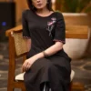 Black Cotton Slub Embroidered Kurti with Striped Pant Set – Women's 2-Piece Kurta Trouser Suit - Image 5