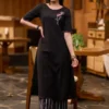 Black Cotton Slub Embroidered Kurti with Striped Pant Set – Women's 2-Piece Kurta Trouser Suit - Image 9