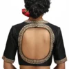 Black Organza Saree with Gold Scalloped Border & Raw Silk Blouse | Handcrafted Zardozi Work Party Wear Saree Set Wholesale - Image 10