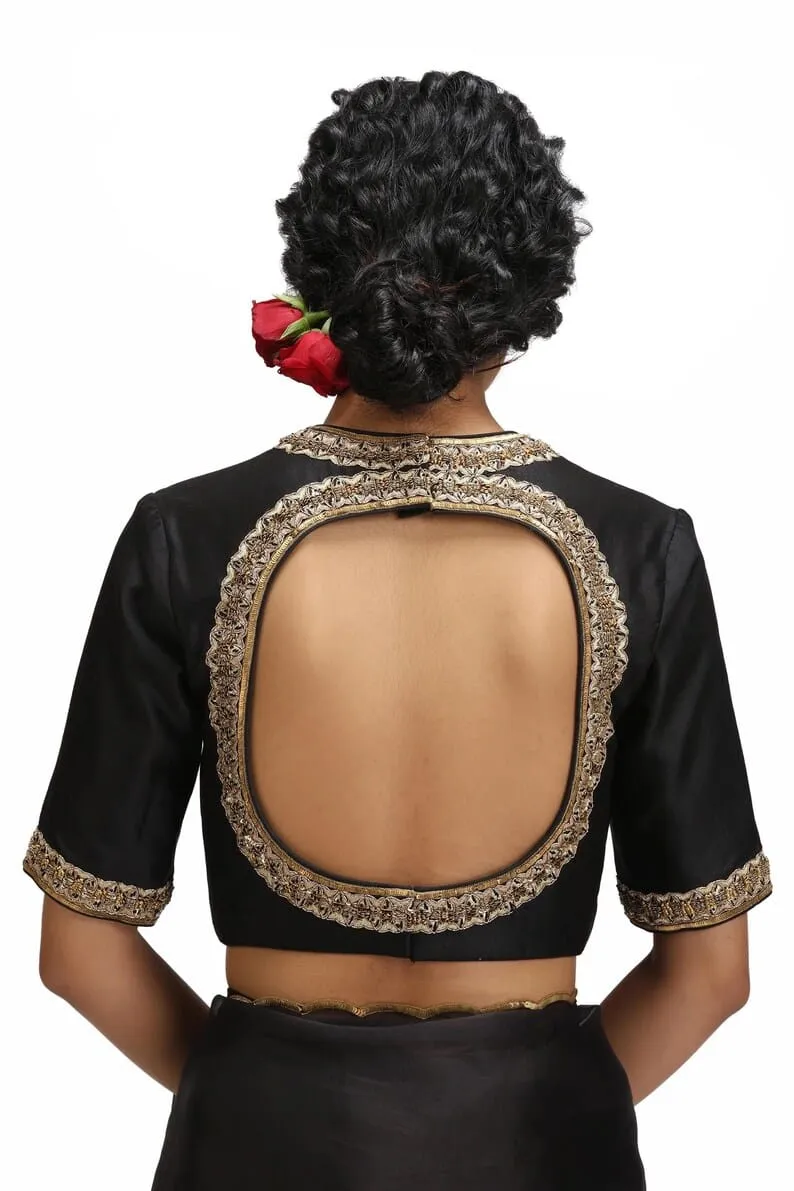 Black Organza Saree with Gold Scalloped Border & Raw Silk Blouse | Handcrafted Zardozi Work Party Wear Saree Set Wholesale - Image 10
