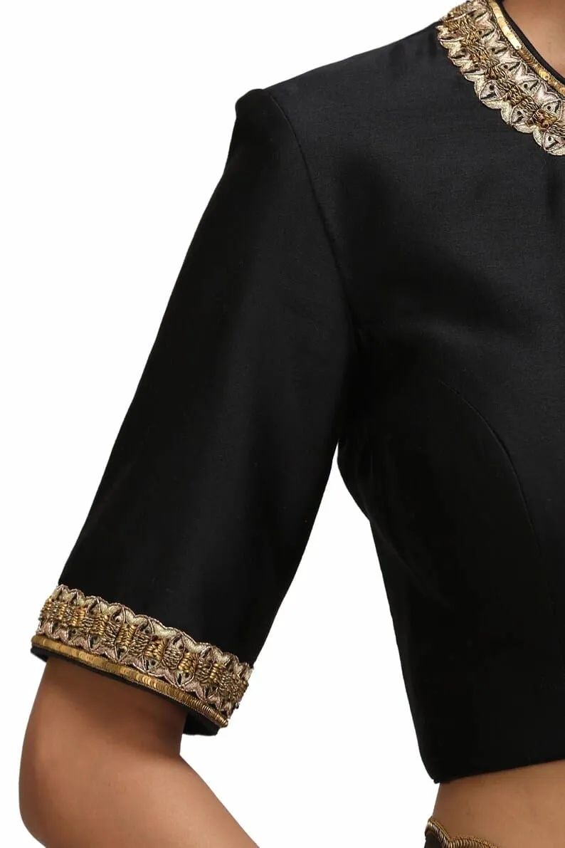 Black Organza Saree with Gold Scalloped Border & Raw Silk Blouse | Handcrafted Zardozi Work Party Wear Saree Set Wholesale - Image 12