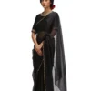 Black Organza Saree with Gold Scalloped Border & Raw Silk Blouse | Handcrafted Zardozi Work Party Wear Saree Set Wholesale - Image 2