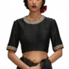 Black Organza Saree with Gold Scalloped Border & Raw Silk Blouse | Handcrafted Zardozi Work Party Wear Saree Set Wholesale - Image 3