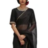 Black Organza Saree with Gold Scalloped Border & Raw Silk Blouse | Handcrafted Zardozi Work Party Wear Saree Set Wholesale - Image 6