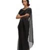 Black Organza Saree with Gold Scalloped Border & Raw Silk Blouse | Handcrafted Zardozi Work Party Wear Saree Set Wholesale - Image 8