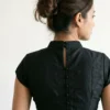 Black Raw Silk High Neck Saree Blouse – Mandarin Collar Cap Sleeve Choli with Back Potli Buttons - Image 2