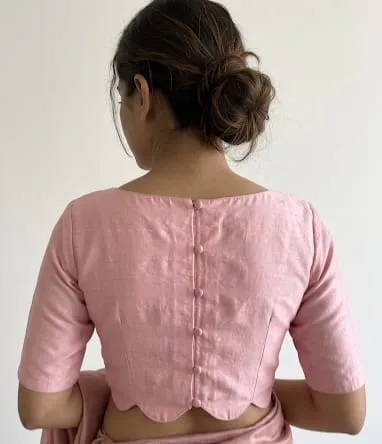 Blush Pink Pleated Sweetheart Saree Blouse – Scallop Hem Back Button Designer Readymade Blouse - Image 2