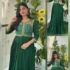 Bottle Green Embroidered Yoke Pleated Maxi Gown | Festive Anarkali Dress for Women - Image 2