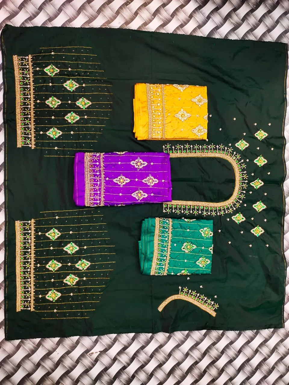 Bottle Green Raw Silk Unstitched Blouse Piece | Diamond Motif Maggam Aari Work Neck with Striped Lattice Sleeve Border