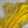 Bright Yellow Scallop Border Saree with Heavy Maggam Work Blouse | Pure Silk Haldi Saree for Bride & Bridesmaid - Image 6
