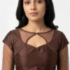 Brown Silk Readymade Blouse with Sheer Net Neck & Pearl Sleeves