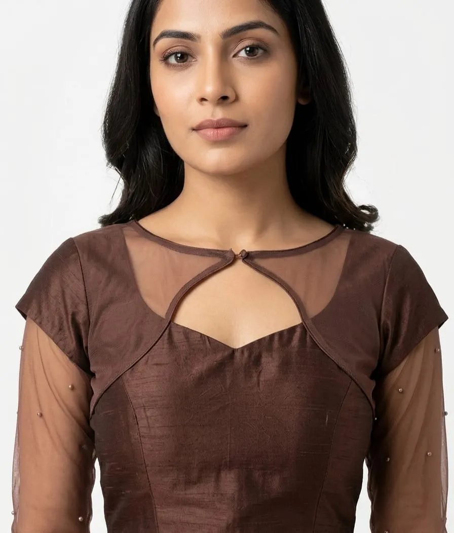 Brown Silk Readymade Blouse with Sheer Net Neck & Pearl Sleeves