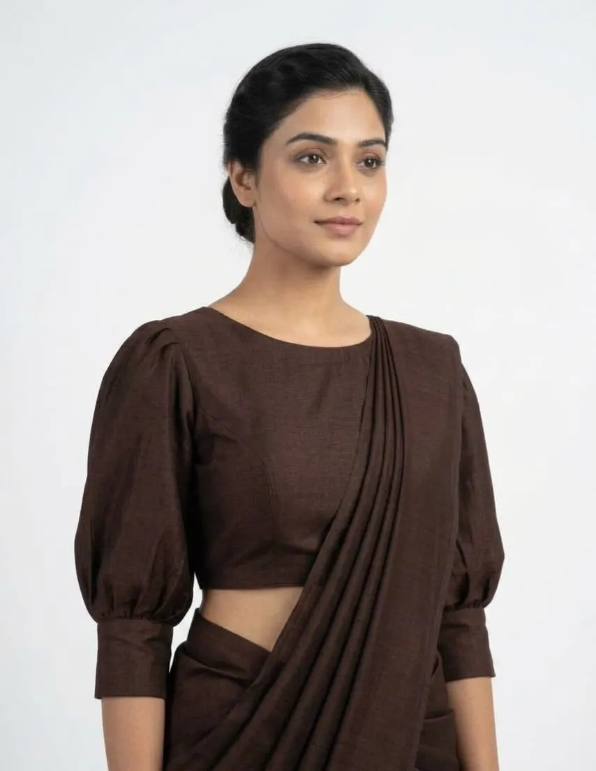 Chocolate Brown Readymade Saree Blouse with Cutwork Scallop Back & Puff Sleeves | Best Wholesale Price