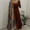 Chocolate Brown Silk Anarkali Gown with Kalamkari Dupatta - Image 2