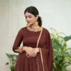 Chocolate Brown Silk Anarkali Suit Set | Hand-Embroidered Zardozi Neckline & Cuff Full Sleeve Floor-Length Ethnic Gown with Dupatta - Image 2