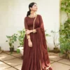 Chocolate Brown Silk Anarkali Suit Set | Hand-Embroidered Zardozi Neckline & Cuff Full Sleeve Floor-Length Ethnic Gown with Dupatta - Image 3