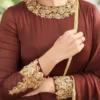 Chocolate Brown Silk Anarkali Suit Set | Hand-Embroidered Zardozi Neckline & Cuff Full Sleeve Floor-Length Ethnic Gown with Dupatta - Image 4