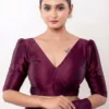 Classic Deep Double V-Neck Raw Silk Readymade Blouse | Elbow Length Puff Sleeve Crop Top for Sarees & Lehengas