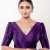 Classic Deep Double V-Neck Raw Silk Readymade Blouse | Elbow Length Puff Sleeve Crop Top for Sarees & Lehengas - Image 3