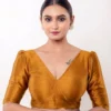 Classic Deep Double V-Neck Raw Silk Readymade Blouse | Elbow Length Puff Sleeve Crop Top for Sarees & Lehengas - Image 4