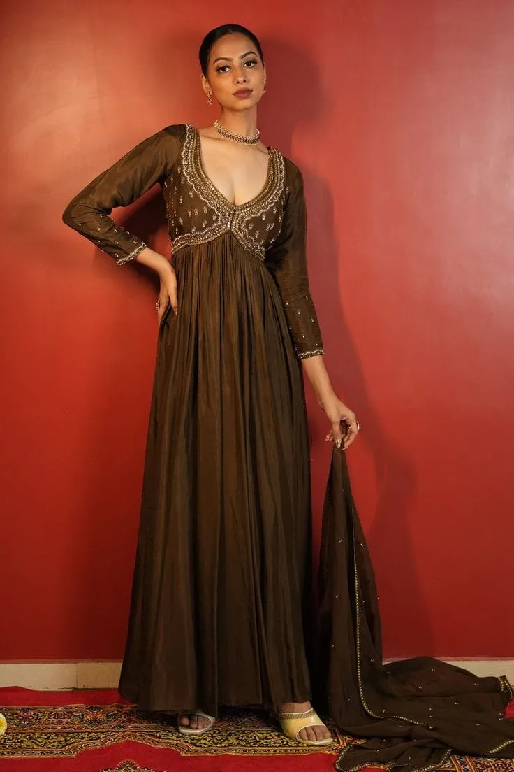 Coffee Brown Silk Empire Waist Anarkali Suit Set | Hand-Embroidered Zardozi Deep V-Neck Flared Gown with Dupatta