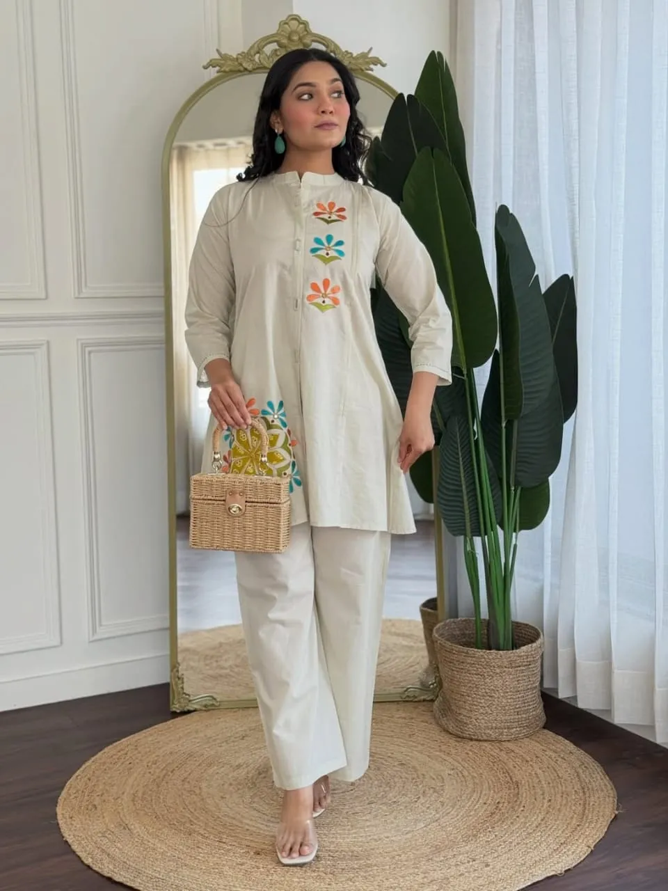 Cotton Flex Embroidered Kurti Pant Co-Ord Set with Mirror Work & Pockets