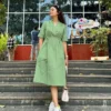 Cotton Slub V-Neck Midi Dress with Drawstring Waist Tie-Up & Side Pocket (Casual Summer Dress / Kurti)