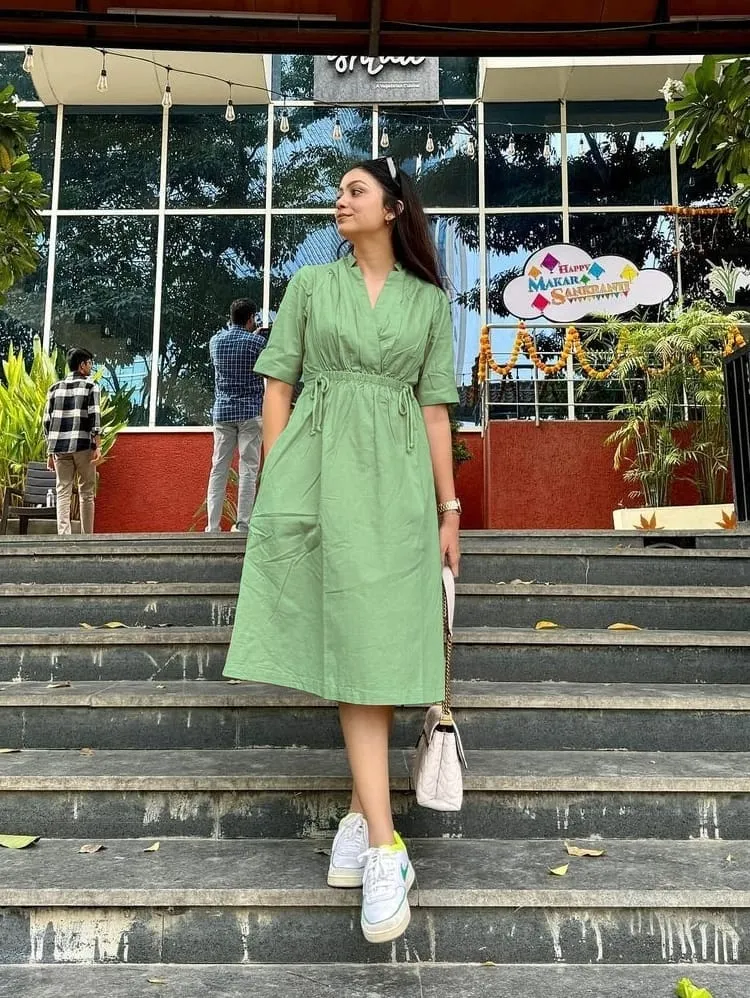 Cotton Slub V-Neck Midi Dress with Drawstring Waist Tie-Up & Side Pocket (Casual Summer Dress / Kurti)
