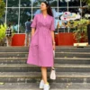 Cotton Slub V-Neck Midi Dress with Drawstring Waist Tie-Up & Side Pocket (Casual Summer Dress / Kurti) - Image 3