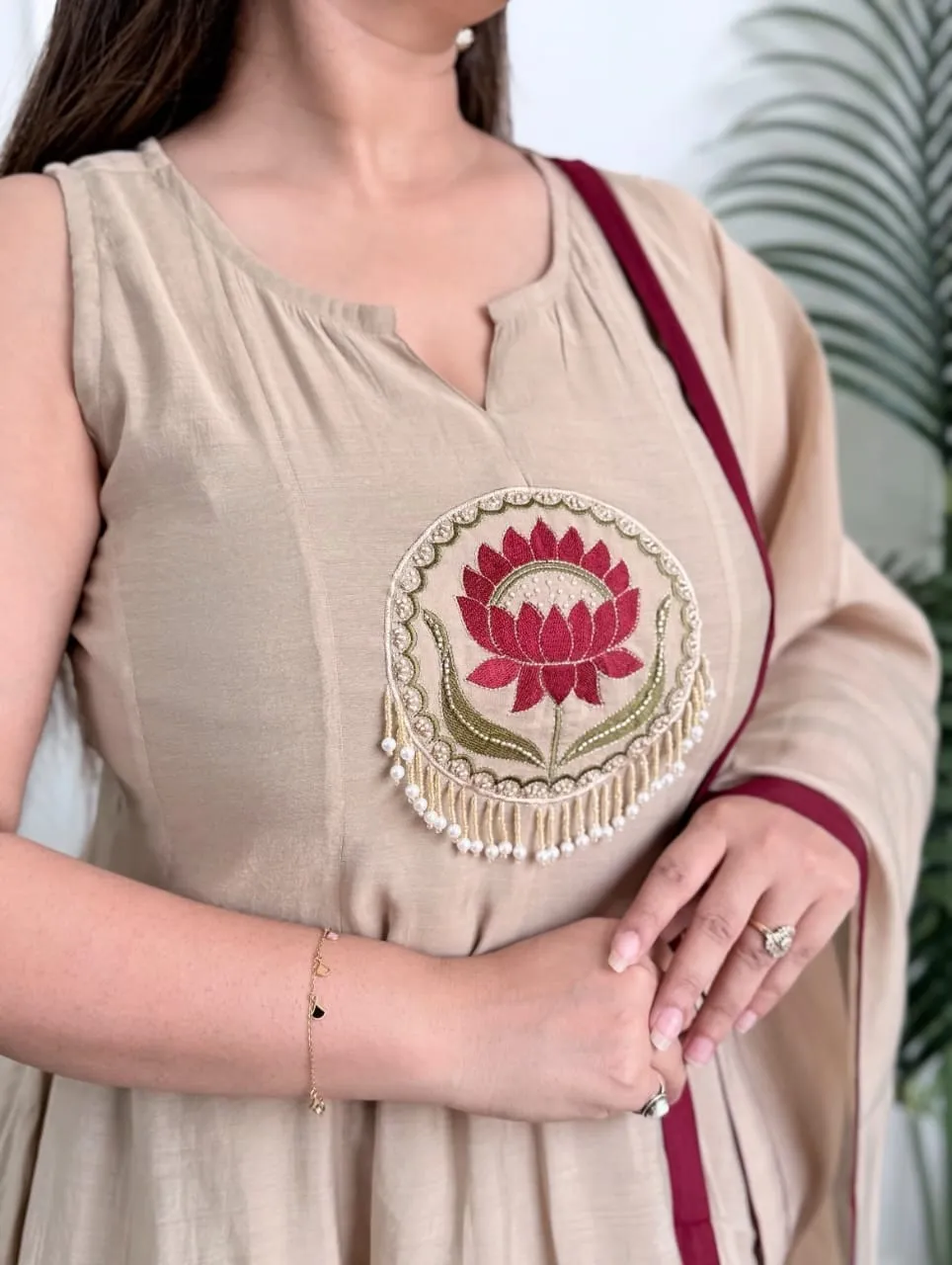 Cream Pure Cotton 60/60 Lotus Embroidered Anarkali Kurti Pant Set with Cowrie & Pearl Tassel Dupatta