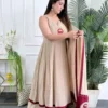 Cream Pure Cotton 60/60 Lotus Embroidered Anarkali Kurti Pant Set with Cowrie & Pearl Tassel Dupatta - Image 2