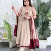 Cream Pure Cotton 60/60 Lotus Embroidered Anarkali Kurti Pant Set with Cowrie & Pearl Tassel Dupatta - Image 4