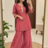 Crush Tissue Silk Shimmer Kurti with Flared Palazzo Co-Ord Set | Handwork Yoke Festive Party Wear Set (S–3XL)