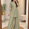 Crush Tissue Silk Shimmer Kurti with Flared Palazzo Co-Ord Set | Handwork Yoke Festive Party Wear Set (S–3XL) - Image 2