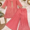 Crush Tissue Silk Shimmer Kurti with Flared Palazzo Co-Ord Set | Handwork Yoke Festive Party Wear Set (S–3XL) - Image 3