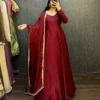 Crushed Silk Shimmer Anarkali Gown with Organza Dupatta | Designer Festive Party Wear Long Kurti - Image 2