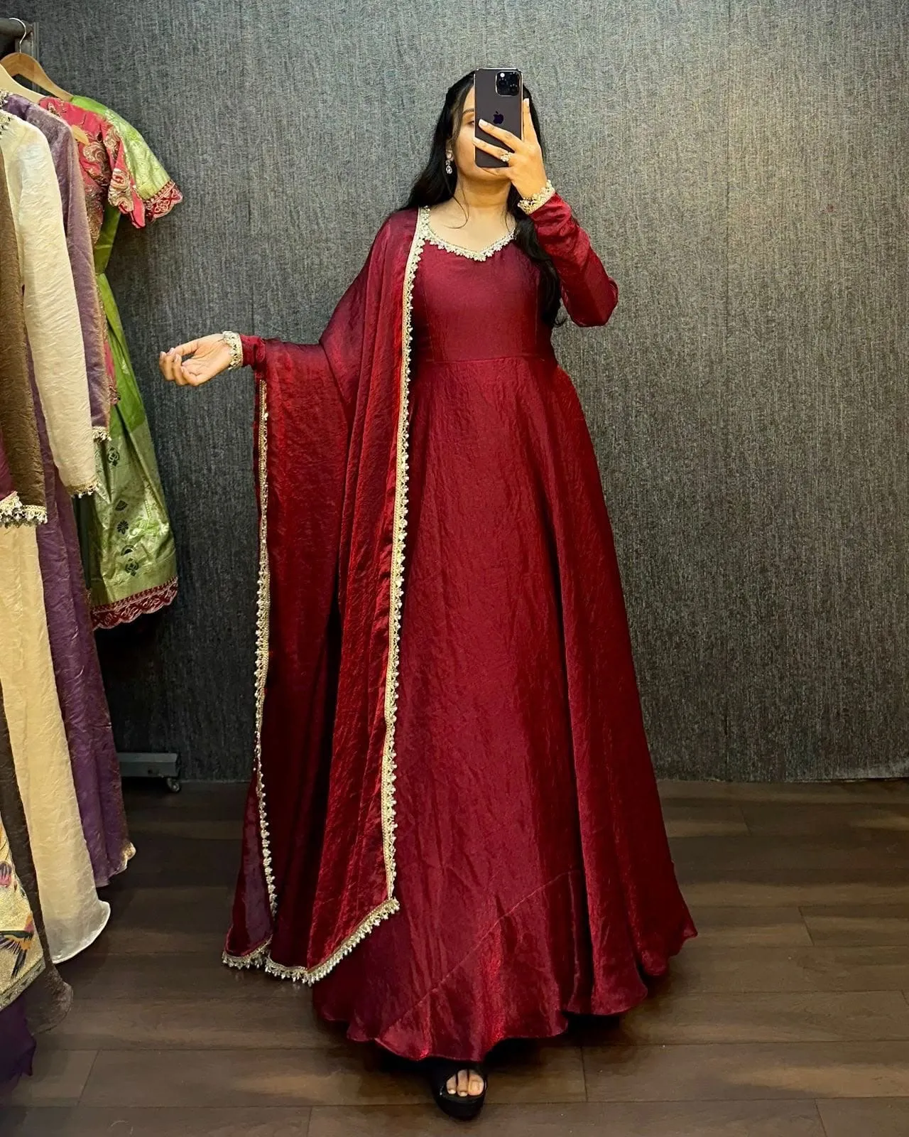 Crushed Silk Shimmer Anarkali Gown with Organza Dupatta | Designer Festive Party Wear Long Kurti - Image 2